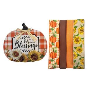 Fall Wreath Kit: 'Fall Blessings' Pumpkin Sign & Ribbons Bundle - DIY Decor